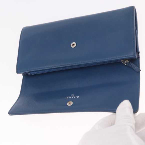 CHANEL Portemonnee Lang Leer Blauw Zilver CC Auth 189356