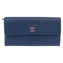 CHANEL Long Wallet Leather Blue Silver CC Auth 189356-2
