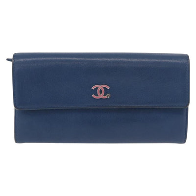 CHANEL Long Wallet Leather Blue Silver CC Auth 189356 - 0