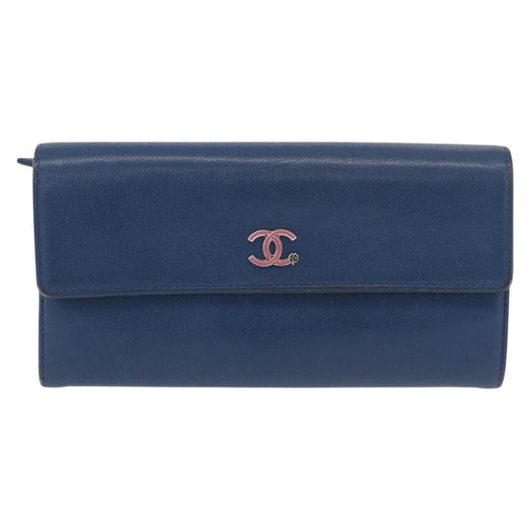 CHANEL Long Wallet Leather Blue Silver CC Auth 189356