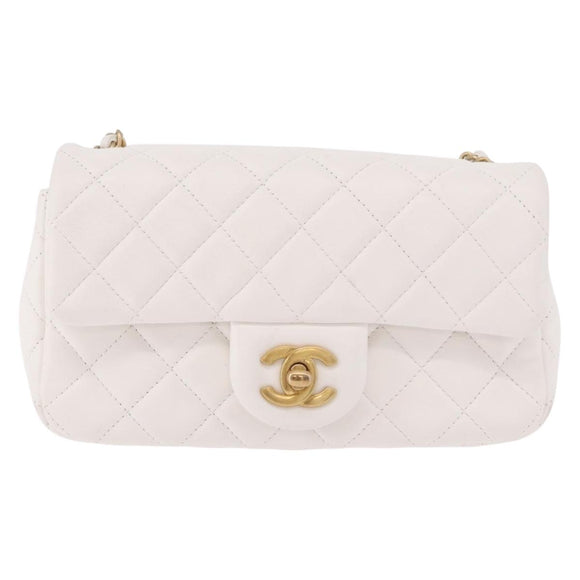 CHANEL Matelasse Chain Shoulder Bag Lamb Skin White Gold CC Auth 189358SAM