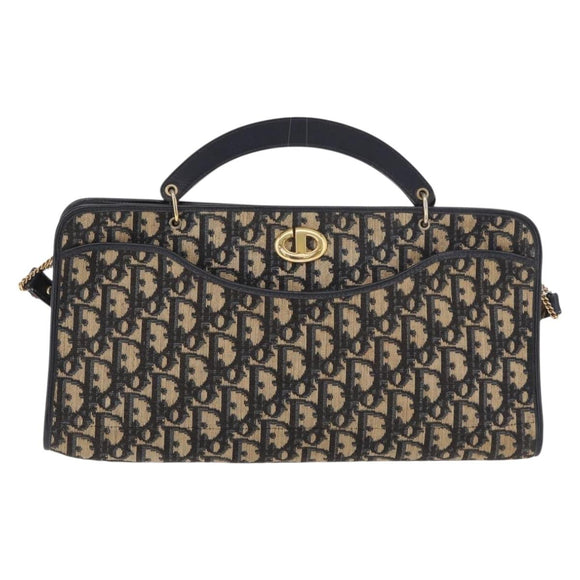 Christian Dior Trotter Canvas Shoulder Bag Navy Gold Auth 189365