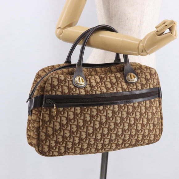 Christian Dior Trotter Canvas Boston Bag Brown Gold Auth 189366