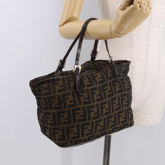 FENDI Zucca Canvas Hand Bag Black Brown Auth 189369