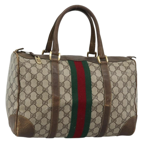 GUCCI GG Supreme Web Sherry Line Boston Bag PVC Beige Gold Auth 189420