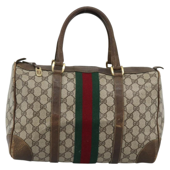 GUCCI GG Supreme Web Sherry Line Boston Bag PVC Beige Gold Auth 189420