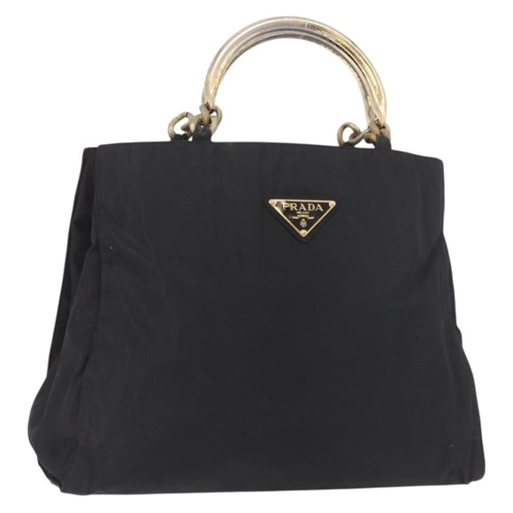 PRADA Hand Bag Nylon Black Gold Auth 189423