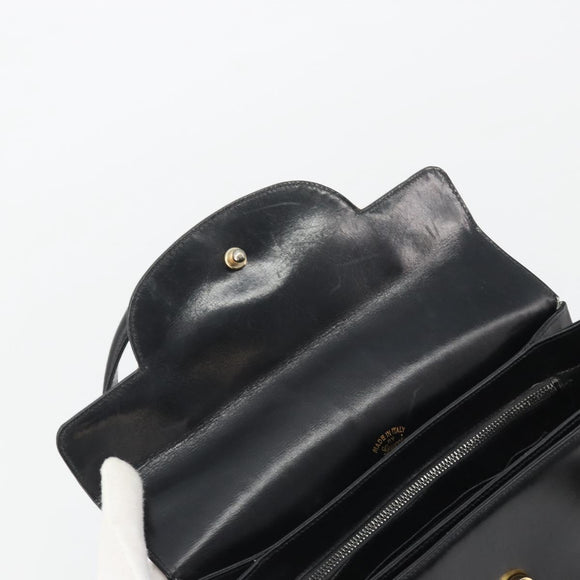 GUCCI Hand Bag Leather Black Gold Auth 189492