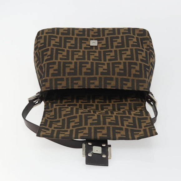 FENDI Zucca Canvas Mamma Baguette Shoulder Bag Black Brown Auth 189496SAM