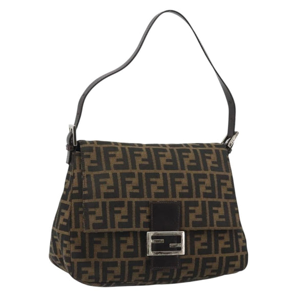 FENDI Zucca Canvas Mamma Baguette Shoulder Bag Black Brown Auth 189496SAM