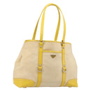 PRADA Tote Bag Canvas Beige Silver Auth 189498A-1