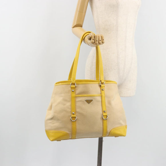 PRADA Tote Bag Canvas Beige Silver Auth 189498A
