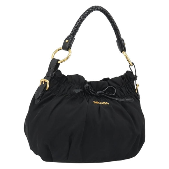 PRADA Gathered Shoulder Bag Nylon Black Gold Auth 189499V