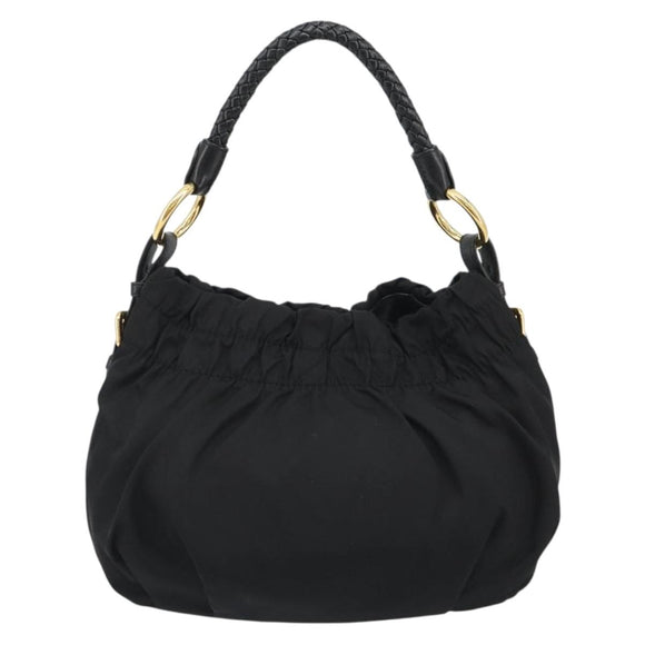 PRADA Gathered Shoulder Bag Nylon Black Gold Auth 189499V