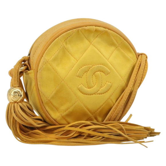 CHANEL Matelasse Shoulder Bag Satin Yellow Gold CC Auth 189501A
