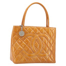 CHANEL Matelasse Standard Tote Bag Patent Leather Orange Silver CC Auth 189502A-1