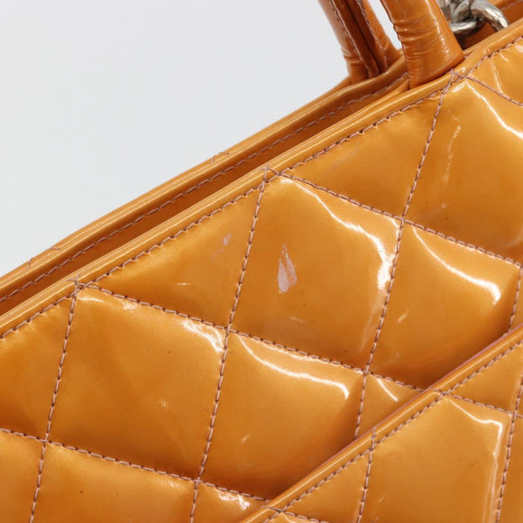 CHANEL Matelasse Standard Tote Bag Patent Leather Orange Silver CC Auth 189502A