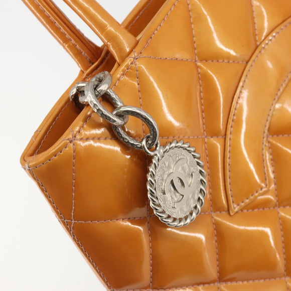 CHANEL Matelasse Standard Tote Bag Patent Leather Orange Silver CC Auth 189502A