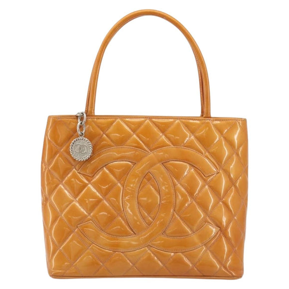 CHANEL Matelasse Standard Tote Bag Patent Leather Orange Silver CC Auth 189502A