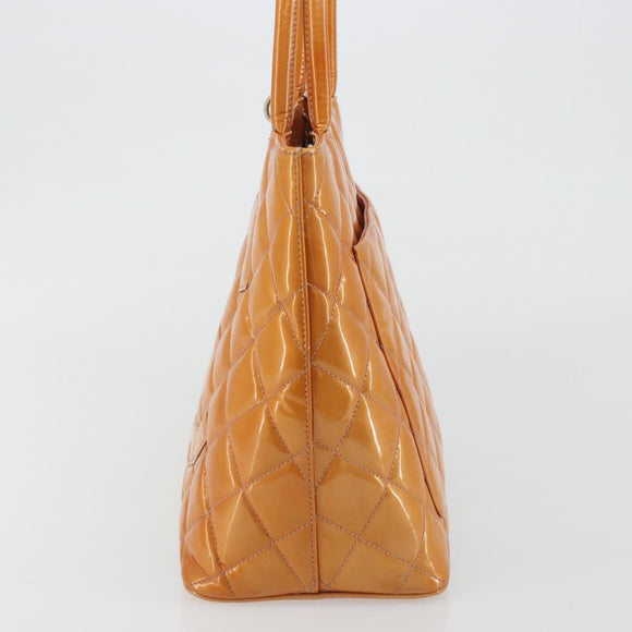 CHANEL Matelasse Standard Tote Bag Patent Leather Orange Silver CC Auth 189502A
