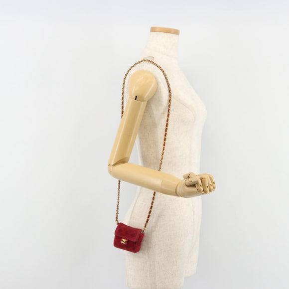 CHANEL Mini Mini Matelasse 7 Chain Shoulder Pouch Velor Red Gold CC Auth 189515