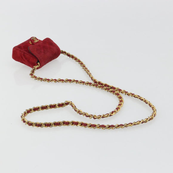 CHANEL Mini Mini Matelasse 7 Chain Shoulder Pouch Velor Red Gold CC Auth 189515