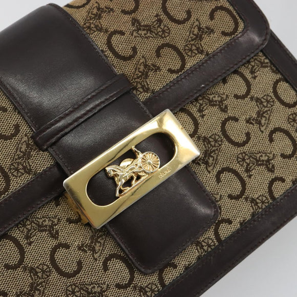 CELINE C Sulky Horse Carriage Schoudertas Canvas Beige Goud Auth 189540A