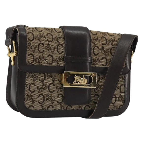 CELINE C Sulky Horse Carriage Schoudertas Canvas Beige Goud Auth 189540A