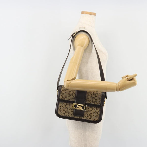CELINE C Sulky Horse Carriage Schoudertas Canvas Beige Goud Auth 189540A
