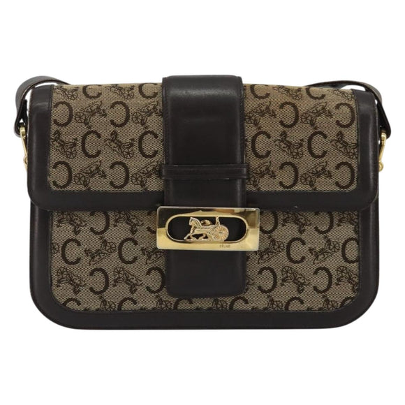 CELINE C Sulky Horse Carriage Schoudertas Canvas Beige Goud Auth 189540A