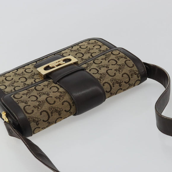 CELINE C Sulky Horse Carriage Schoudertas Canvas Beige Goud Auth 189540A