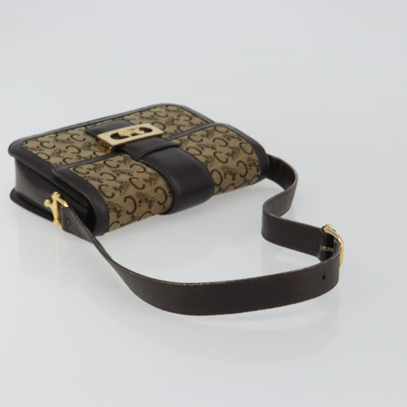 CELINE C Sulky Horse Carriage Schoudertas Canvas Beige Goud Auth 189540A