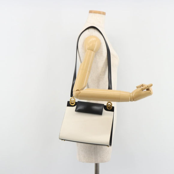 CELINE Circle Shoulder Bag Leather White Gold Auth 189542A