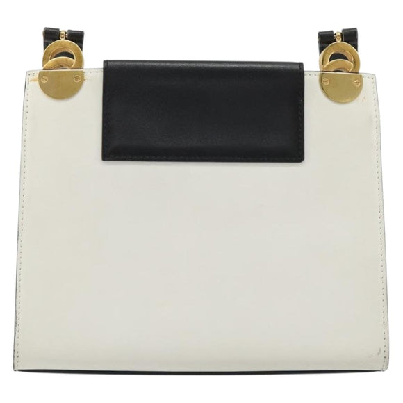 CELINE Circle Shoulder Bag Leather White Gold Auth 189542A
