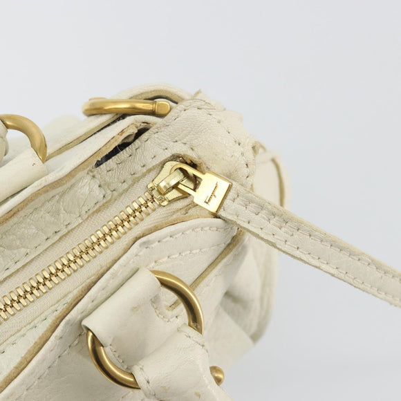 Salvatore Ferragamo Gancini Hand Bag Leather White Champagne Gold Auth 189556