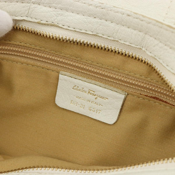 Salvatore Ferragamo Gancini Hand Bag Leather White Champagne Gold Auth 189556