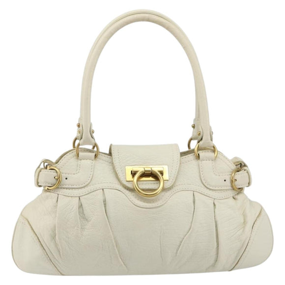 Salvatore Ferragamo Gancini Hand Bag Leather White Champagne Gold Auth 189556