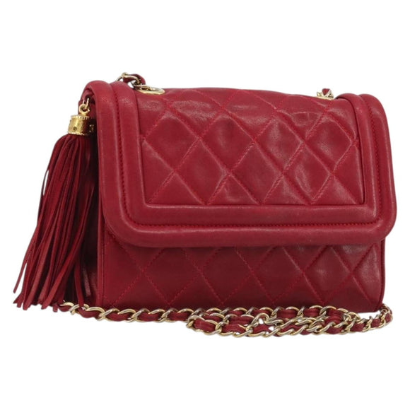 CHANEL Matelasse Chain Shoulder Bag Lamb Skin Red Gold CC Auth 189561