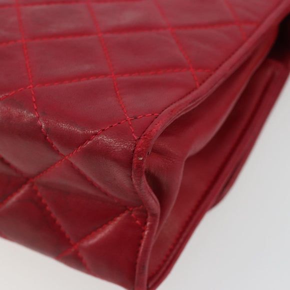CHANEL Matelasse Chain Shoulder Bag Lamb Skin Red Gold CC Auth 189561