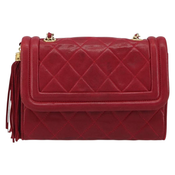 CHANEL Matelasse Chain Shoulder Bag Lamb Skin Red Gold CC Auth 189561