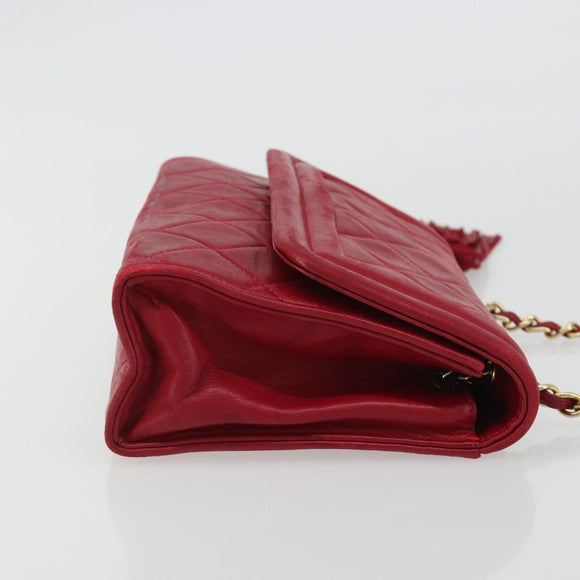 CHANEL Matelasse Chain Shoulder Bag Lamb Skin Red Gold CC Auth 189561