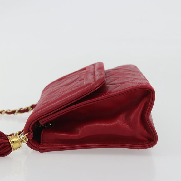 CHANEL Matelasse Chain Shoulder Bag Lamb Skin Red Gold CC Auth 189561