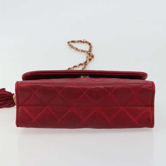 CHANEL Matelasse Chain Shoulder Bag Lamb Skin Red Gold CC Auth 189561