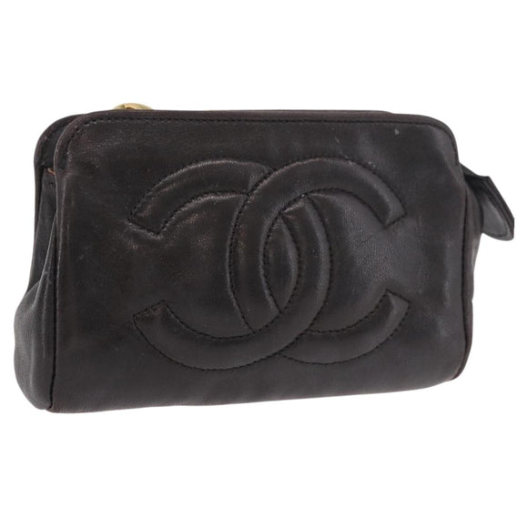 CHANEL COCO Mark Pouch Leather Black Gold CC Auth 189572