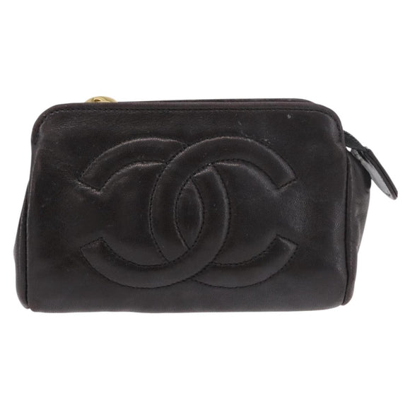 CHANEL COCO Mark Pouch Leather Black Gold CC Auth 189572