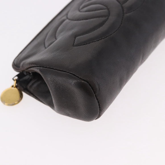 CHANEL COCO Mark Pouch Leather Black Gold CC Auth 189572