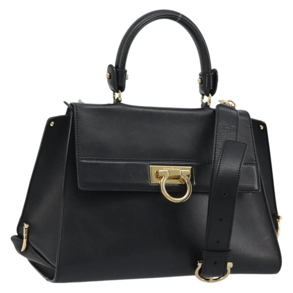 Salvatore Ferragamo Sofia Gancini Hand Bag Leather 2way Black Gold Auth 189582