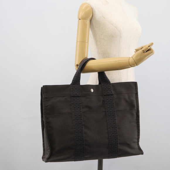 HERMES Her Line MM Hand Bag Canvas Gray Silver Auth 189583
