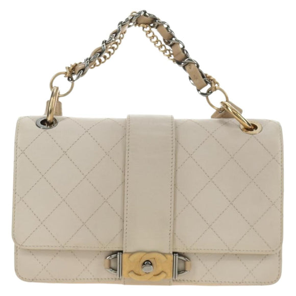 CHANEL Matelasse Shoulder Bag Leather 2way Ivory Gold Silver CC Auth 189588SAV