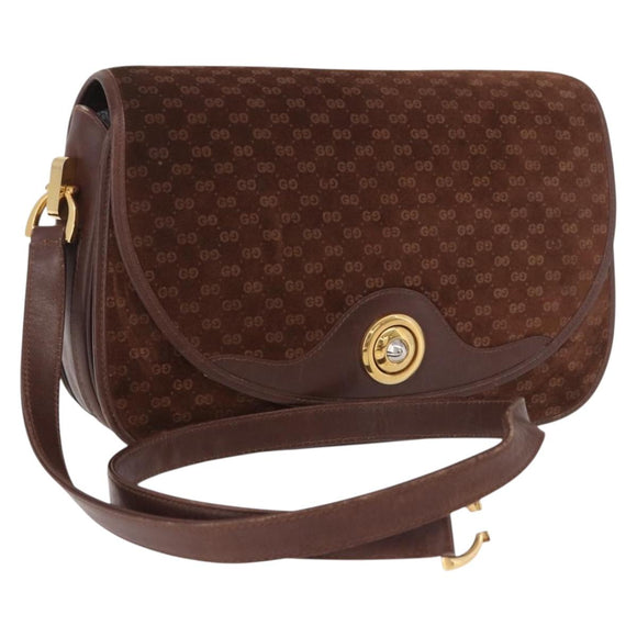 GUCCI Micro GG Canvas Shoulder Bag Suede Brown Gold Auth 189589